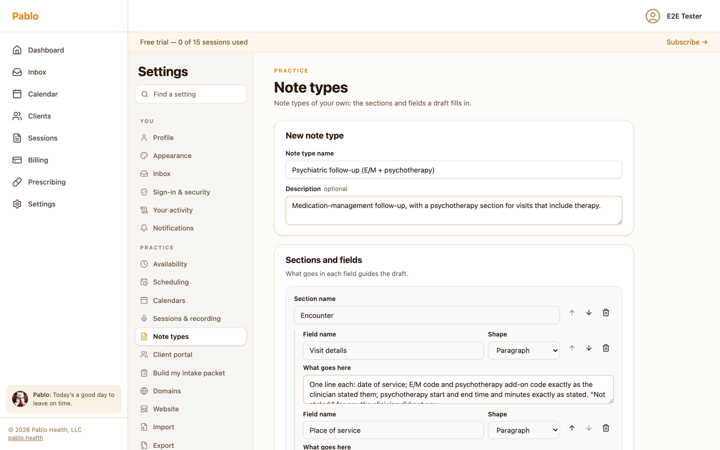 A psychiatric template in the editor