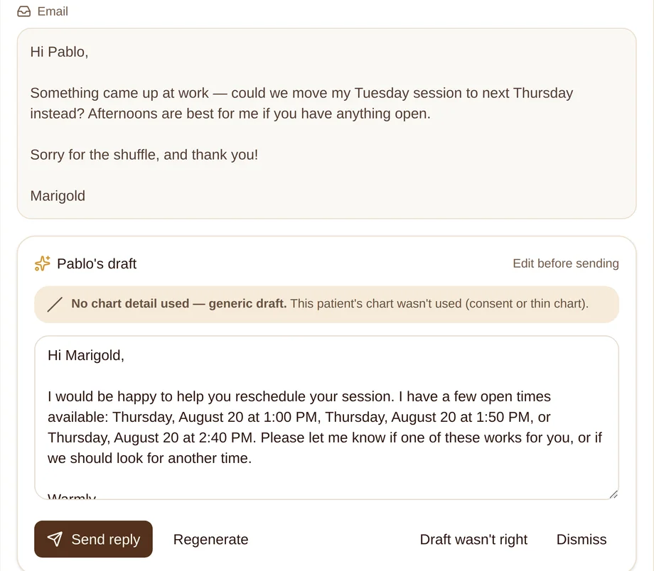 Pablo's draft reply to a client asking to move her session, offering three open Thursday afternoon times, waiting to be sent